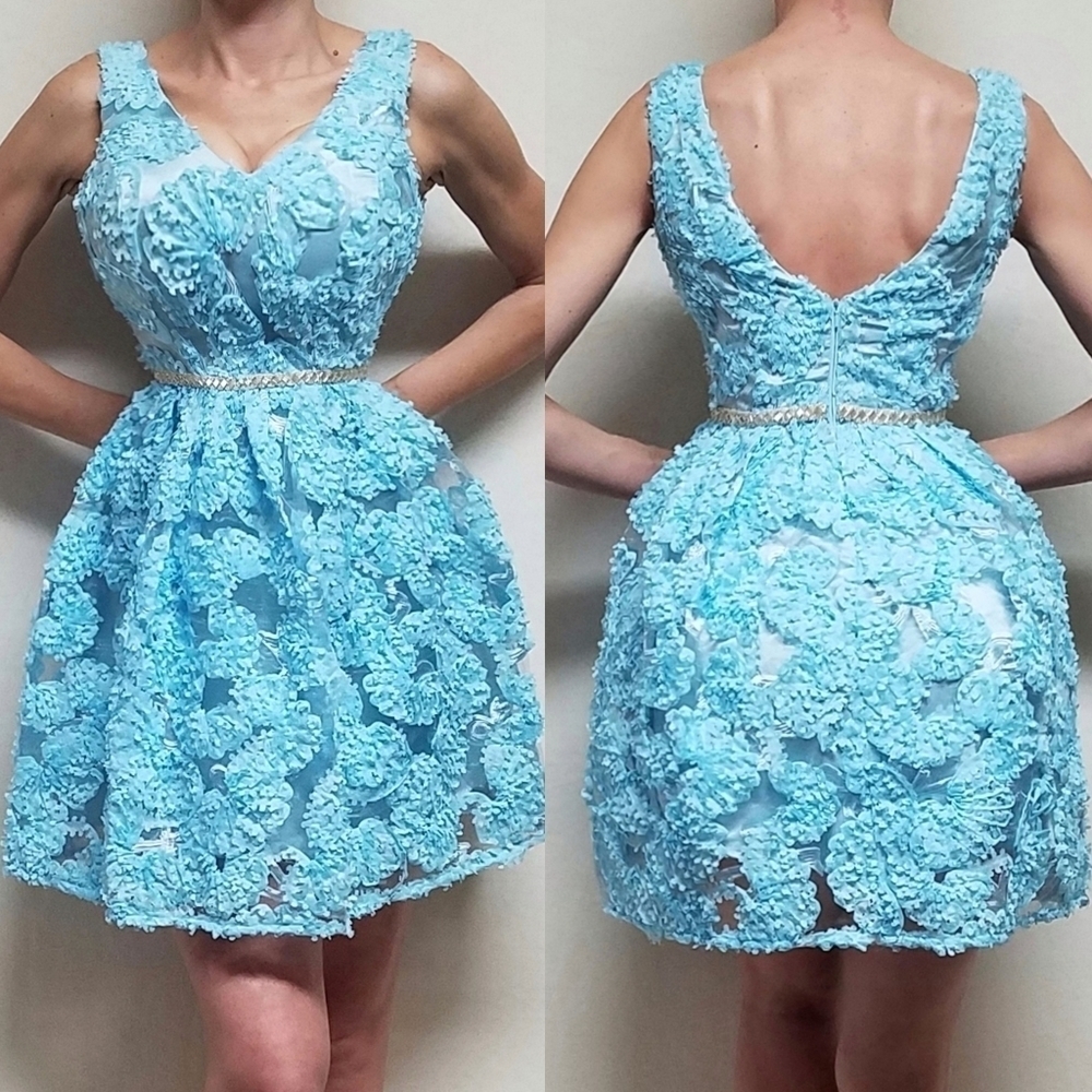 MINUET Arctic Blue 3-D Floral Mesh Bead V-neck Sleeveless Cocktail Skater Dress